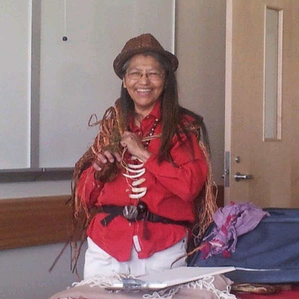 Cowichan Elder and ethnobotanist Della (Rice) Sylvester Della (Rice) Sylvester holding a workshop on cedar for ANTH 111, Cowichan Campus. March 24, 2014. 