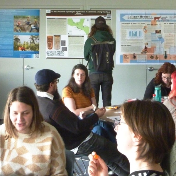 Posters on display and Anthropology Forum 2023 attendees, April 18.